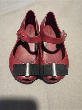 Mini Melissa Red Mary Jane Flats with Black Ribbon Bow